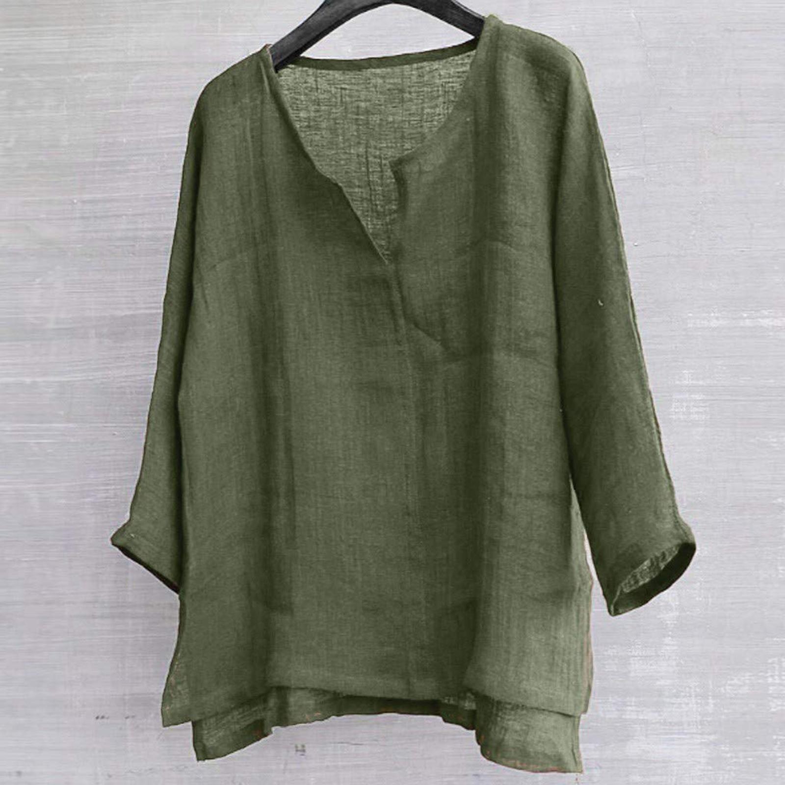 

Мужская и женская модная сочетающаяся хлопково-льняная однотонная повседневная свободная футболка с V-образным вырезом и длинными рукавами XXL