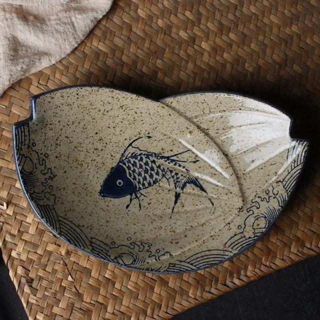 Japanese Fish Print Ceramic Tableware Special-shaped Large Ceramic Dinner Plate Dishes Bowl For Rectangular Household Hotels