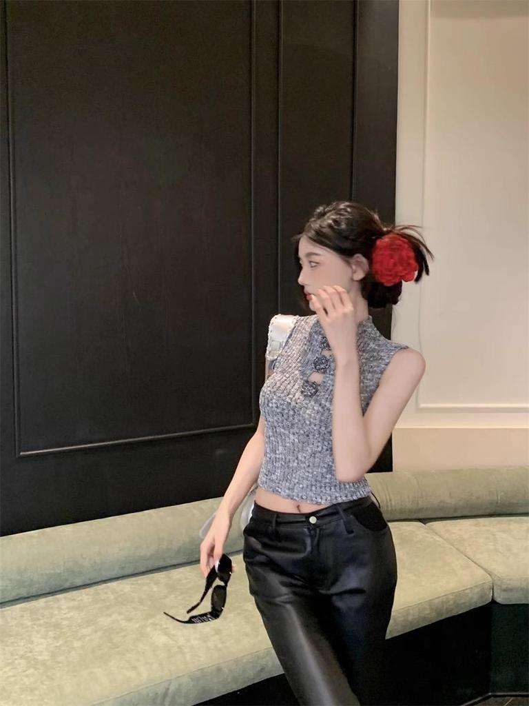 2025 Spring/Summer Hong Kong Style Spicy Girl 3D Floral Hollow Cropped Slim Vest Trendy Knitwear