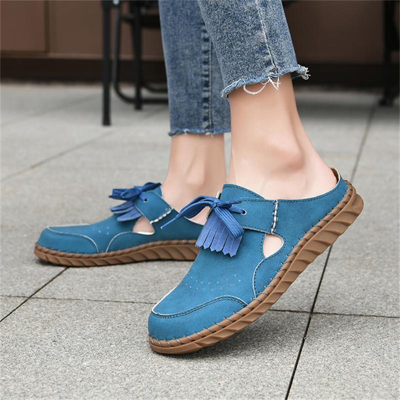 Pink Suede Woman Mules Shoes Big Size 43 Tassel Fashion Women's Shoes Quality Handmade Ladies Flats Summer Half Shoes For Women