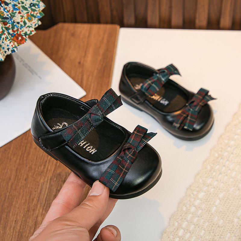 Girls Plaid Bow Decor Mary Jane Adjustable Strap Casual Flat Shoes 15 чёрный