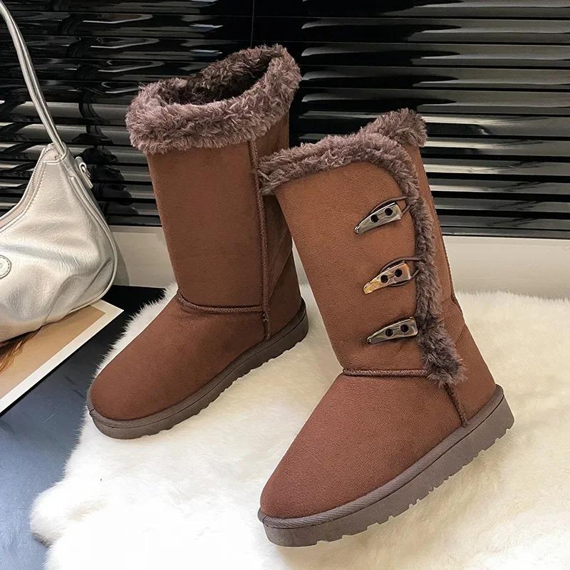 Fashion Women's Snow Boots Winter Plush Ankle Boots Warm Non-slip Platform Cold Comfort Cotton Shoes Women's Horn Buckle Cotton Boots