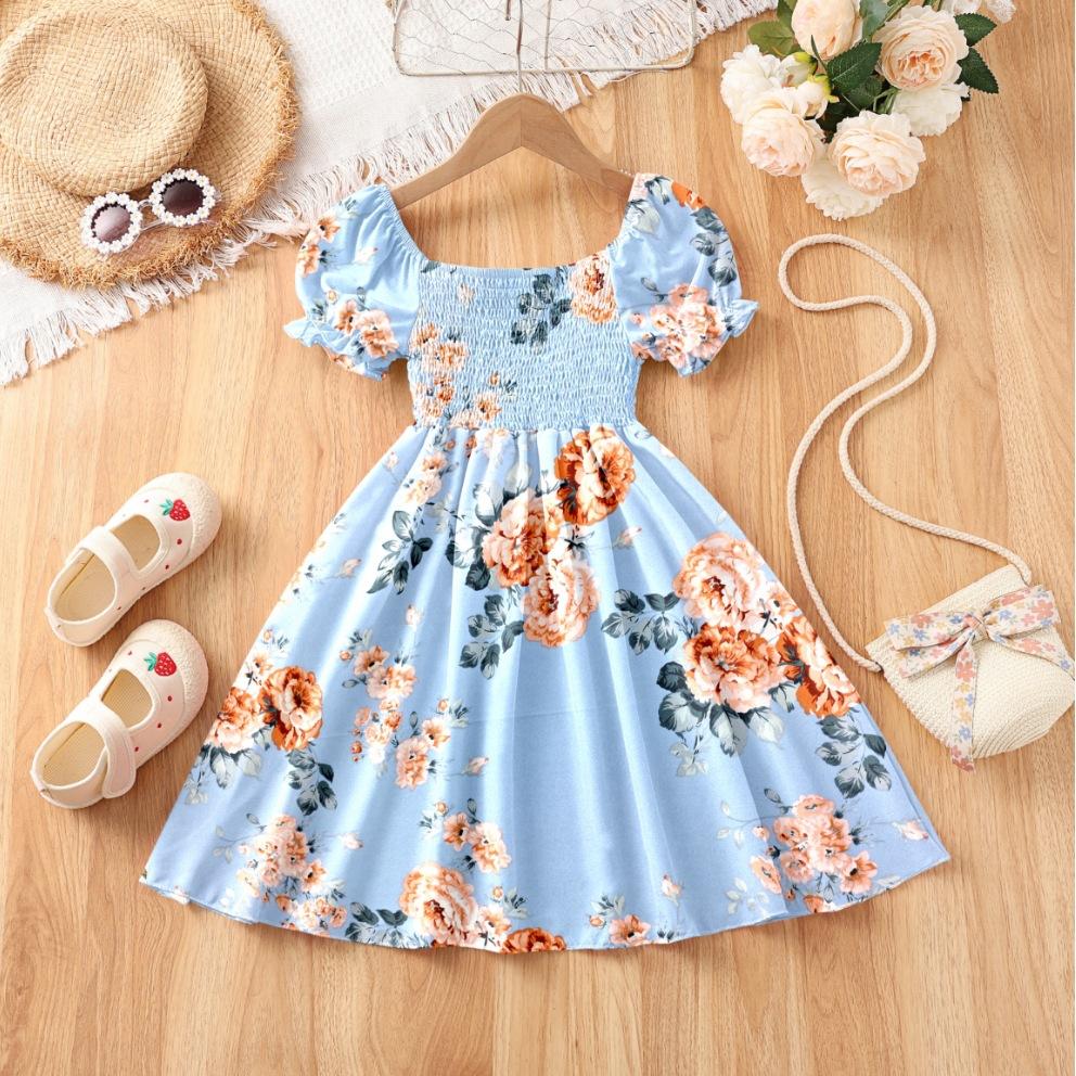 Girls' Fashionable And Caring Printed Dress For Summer, Children's Casual Dress With Bow Ties