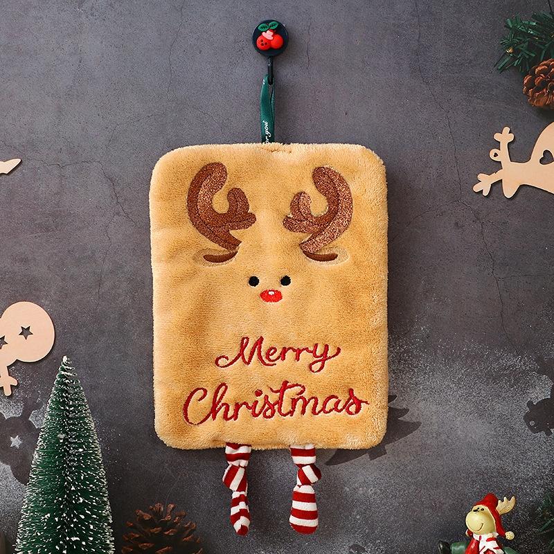 Merry Christmas Hand Towel, Thickened Coral Fleece Cartoon Cute Extended Rope Christmas Hand Towel, Water-Absorbent Quick-Drying