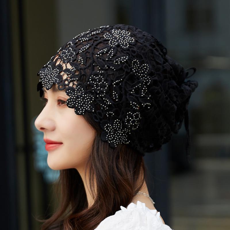 Women's Spring Summer Hollow Out Rhinestone Trimmed Ponytail Headscarf Hat Versatile Scarf Tied Multi Use Crochet Head Wrapping Hat