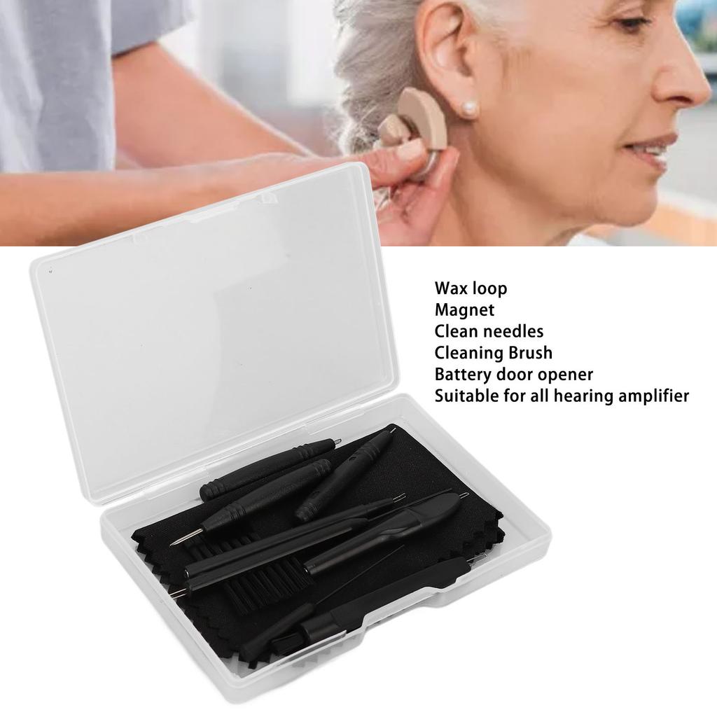 9pcs Set Hearing Amplifier Cleaning Tools Multi Functional Cleaning Brush Wax Loop Magnet Portable Tool Box