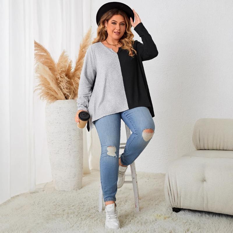 Plus Size Women S Color Block Crew Neck Long Sleeve Loose Fit Top