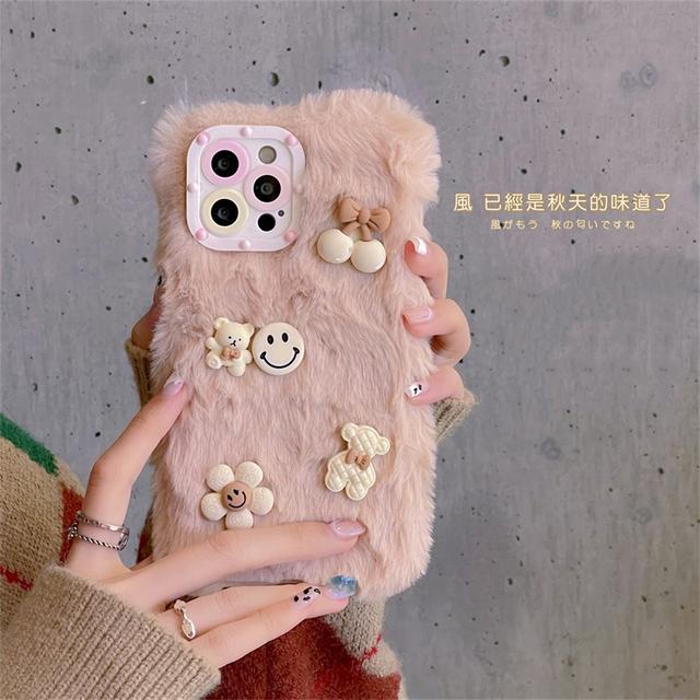 Ins koreanische süße 3D-Cartoon-Plüsch-Rosa-Telefonhülle für iPhone 13 12 11 Pro Xs Max X Xr 7 8 Plus Winter weiche stoßfeste Rückseite