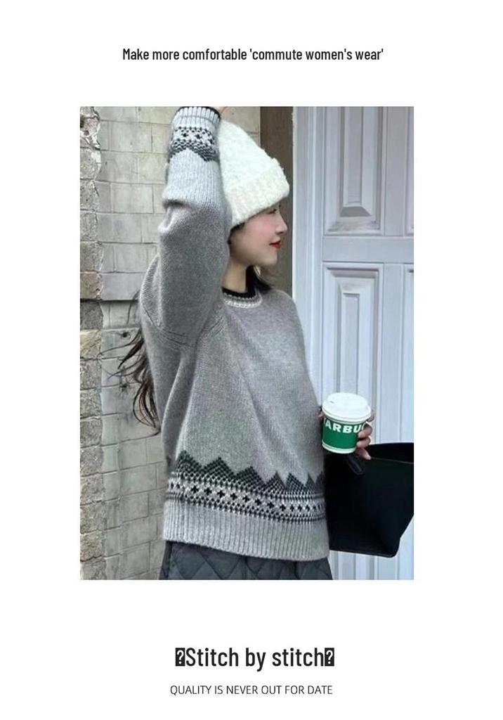 Women's Warm Autumn/Winter Jacquard Knit Wool Sweater - Round Neck, Loose Fit, Slimming Base Layer Outerwear