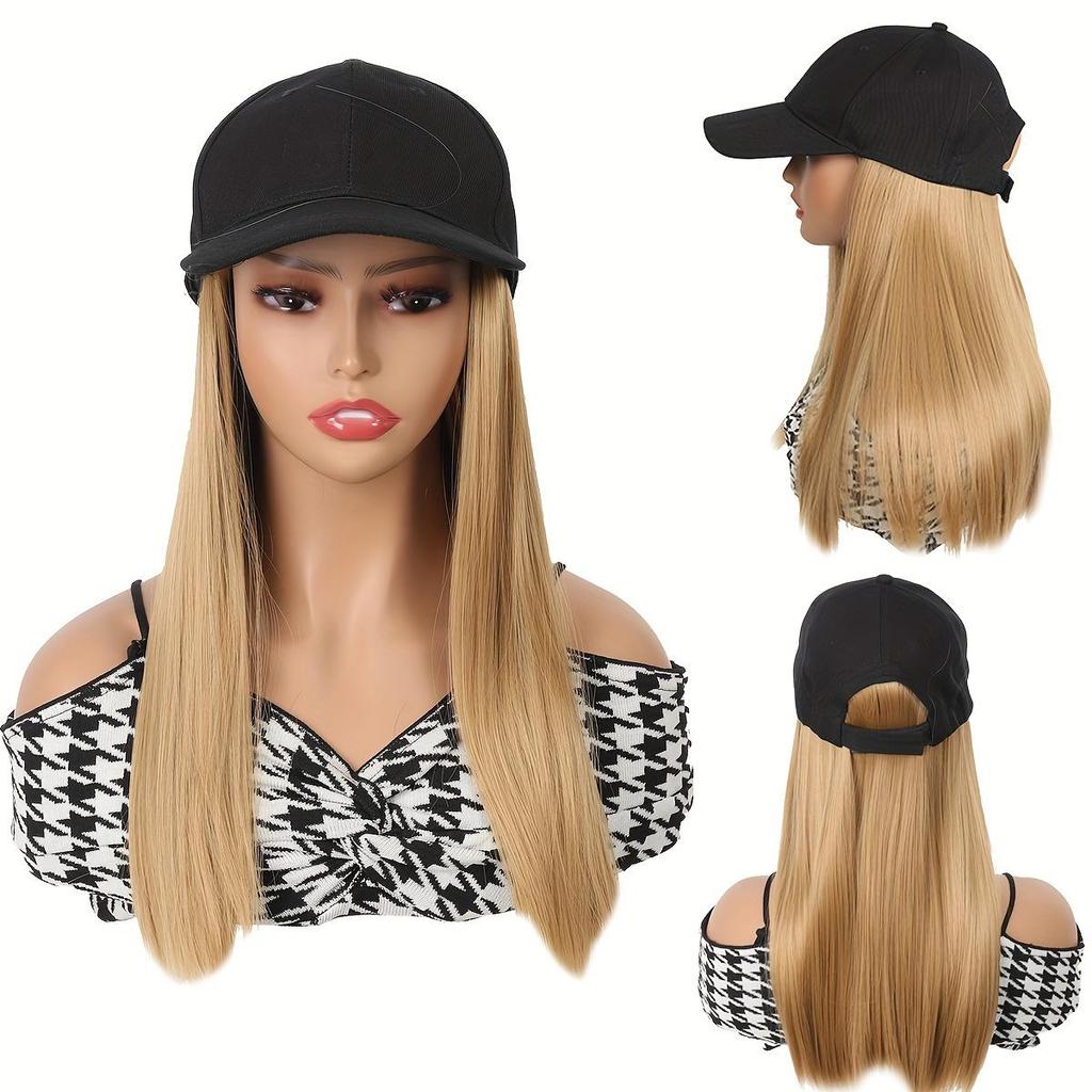 Elegant Women'S Black Baseball Cap With Adjustable Hat Wig - Long Straight Synthetic Hair, One Piece