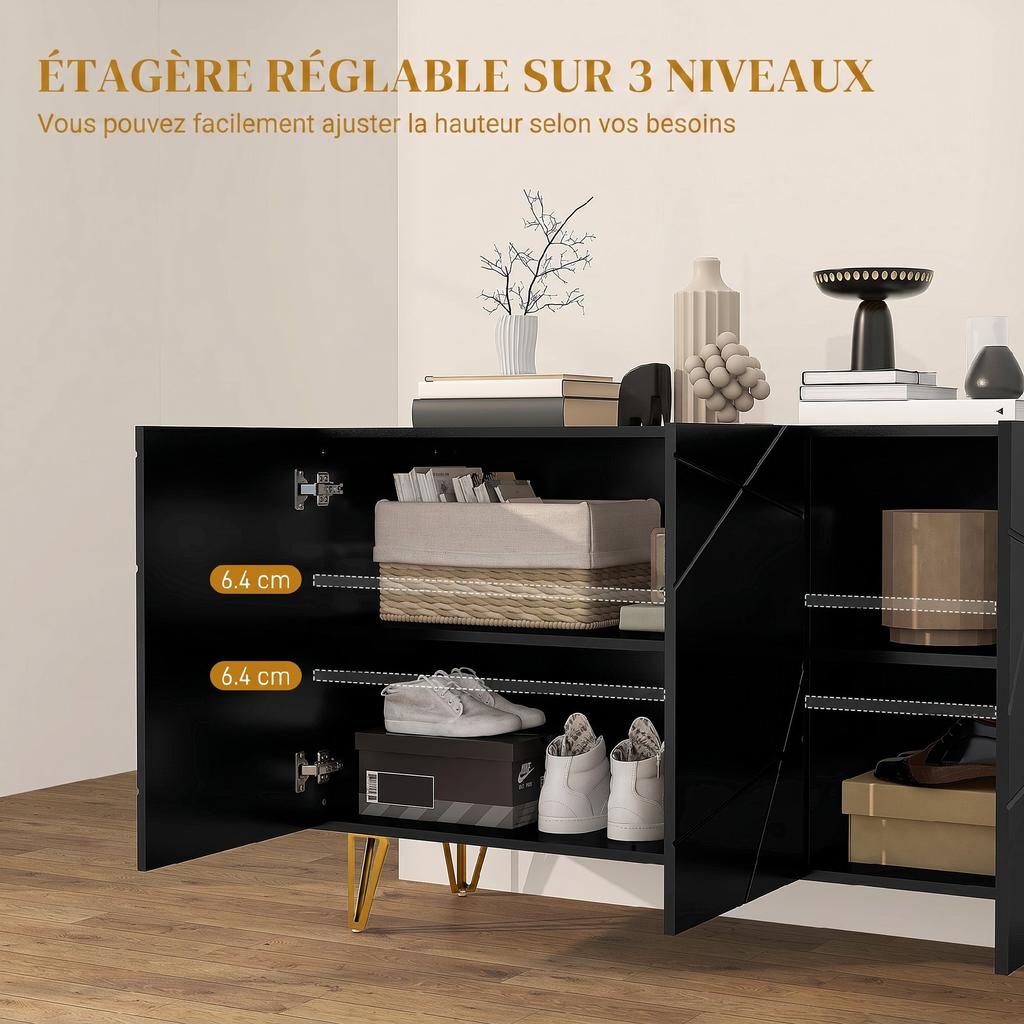 Living Room Sideboard, High-Gloss, 3 Soft-Close Doors, Adjustable Shelves, 120 x 40 x 75 cm, Black