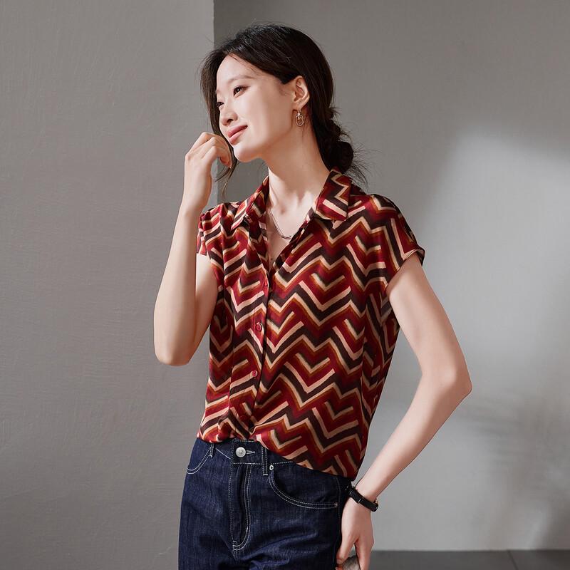 SOFSIL Women's 2026 Summer Silk Geometric Stripe Short Sleeve Lapel Shirt