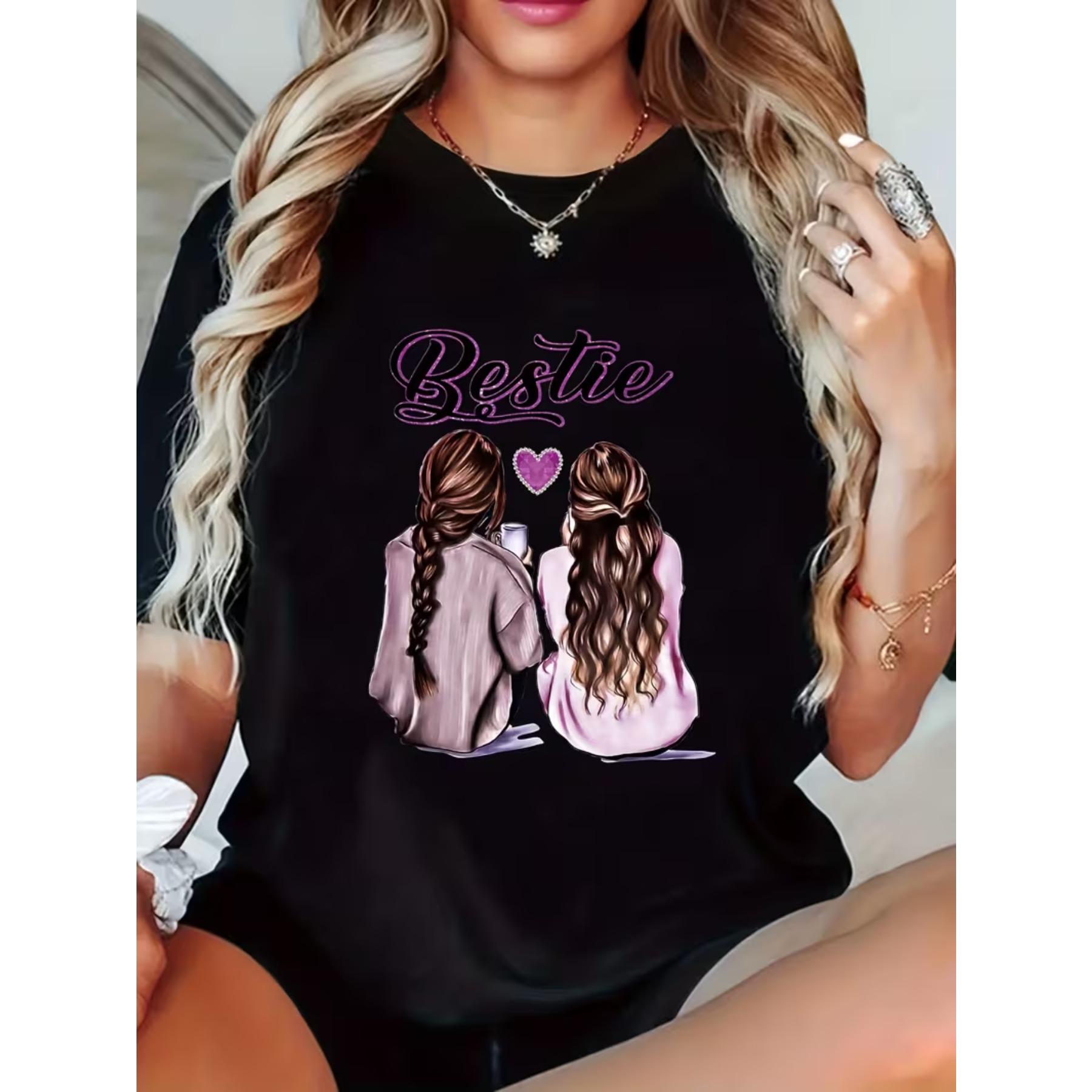 Summer Short-sleeved Casual Top for Women with A Bestie Pattern Design S чёрный