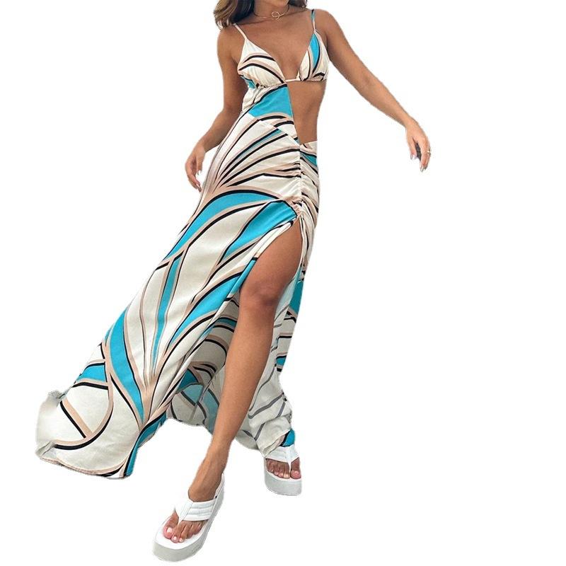 Sommerkleid im europäischen und amerikanischen Stil mit Spaghettiträgern, rückenfreiem Schlitz und langem Kleid