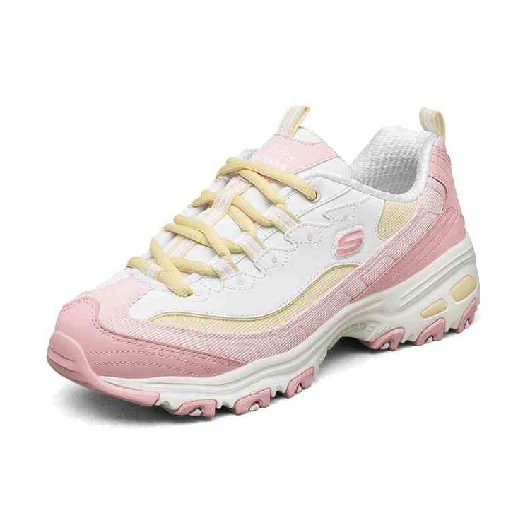 Skechers DLites 1.0 Fabric Synthetic Leather Milk Tea Bear Peach Women Sneakers White Pink 149906-PKYL