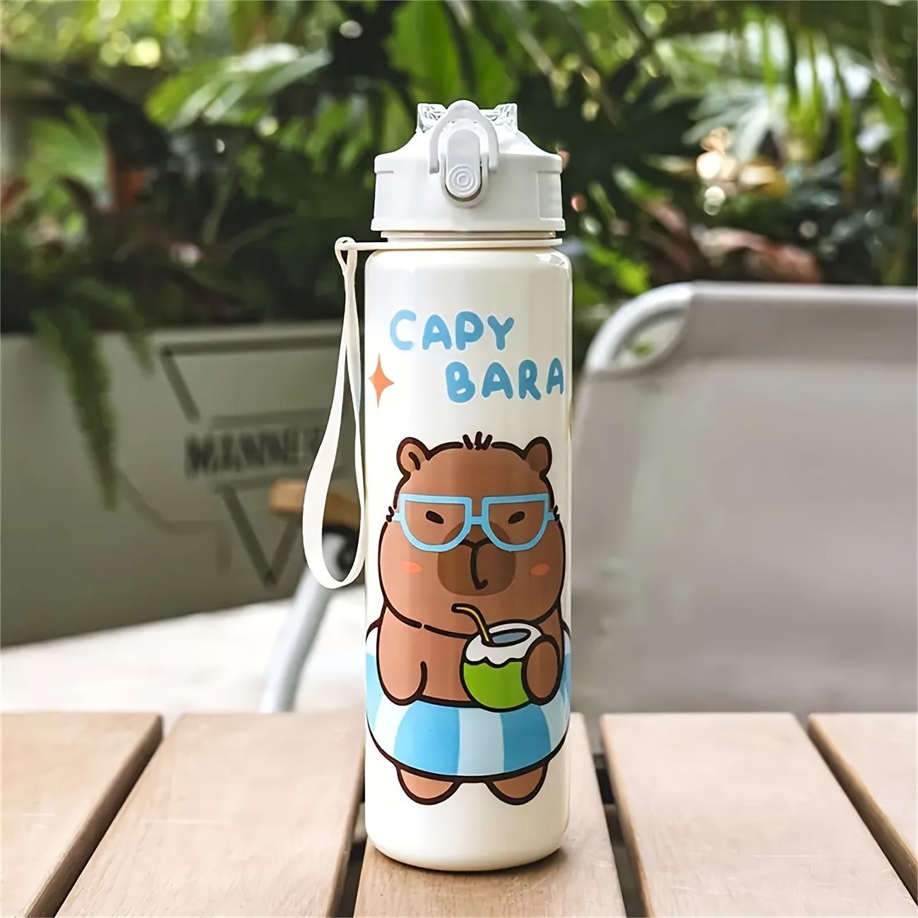 25.36oz Cute Water Cup with Adorable Cartoon Designs, a Stylish Plastic Cup Featuring a Straw, a Space Cup with a Strap 750ML