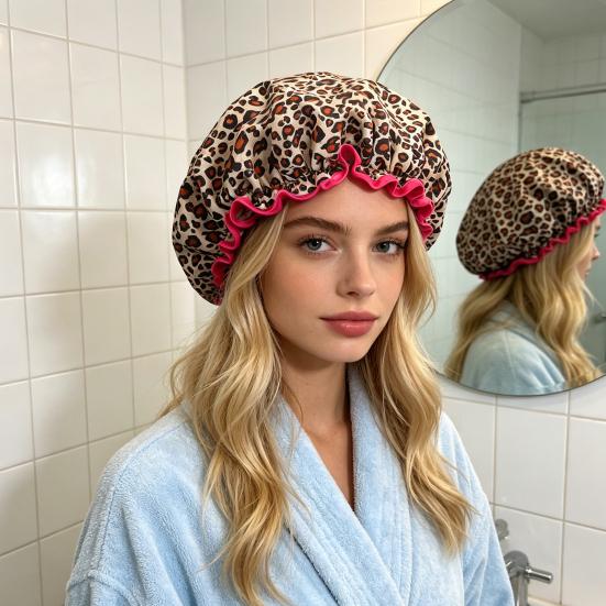 Shower Cap Leopard Zebra Dot Printing Double Layer Protection Waterproof Hair Hat with Elastic Band Makeup Shower Hat