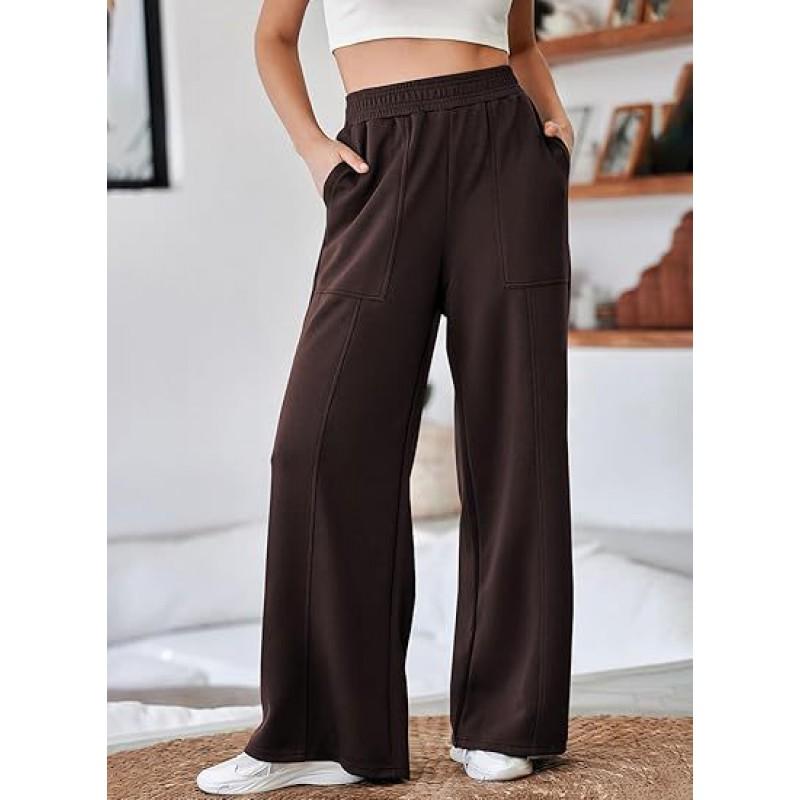 Womens High-Waisted Wide-Leg Casual Trousers Loose Fit Thick Winter Pant With Elastic Waist