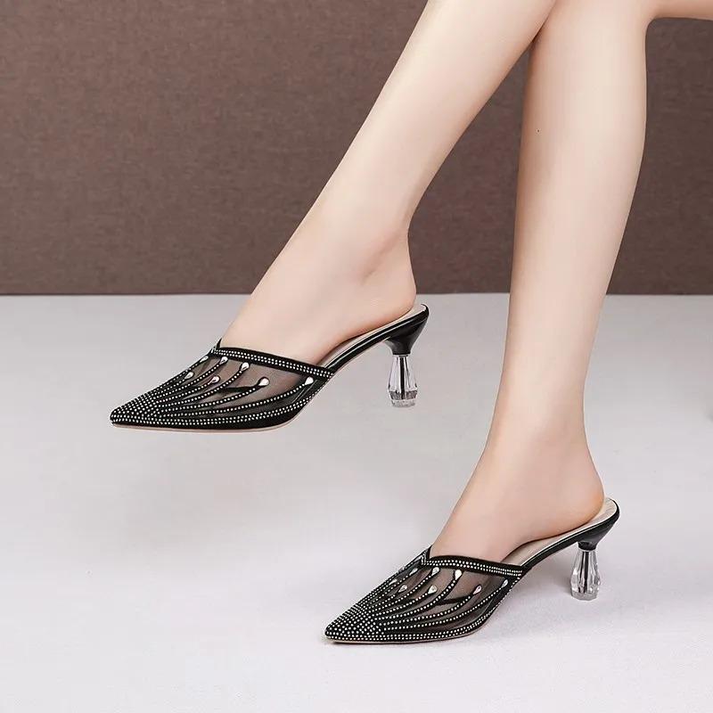Fashion 2024 Summer New Mesh Diamond Slippers for Women's Fashion Outwear Pointed Crystal Heel High Heel Slippers