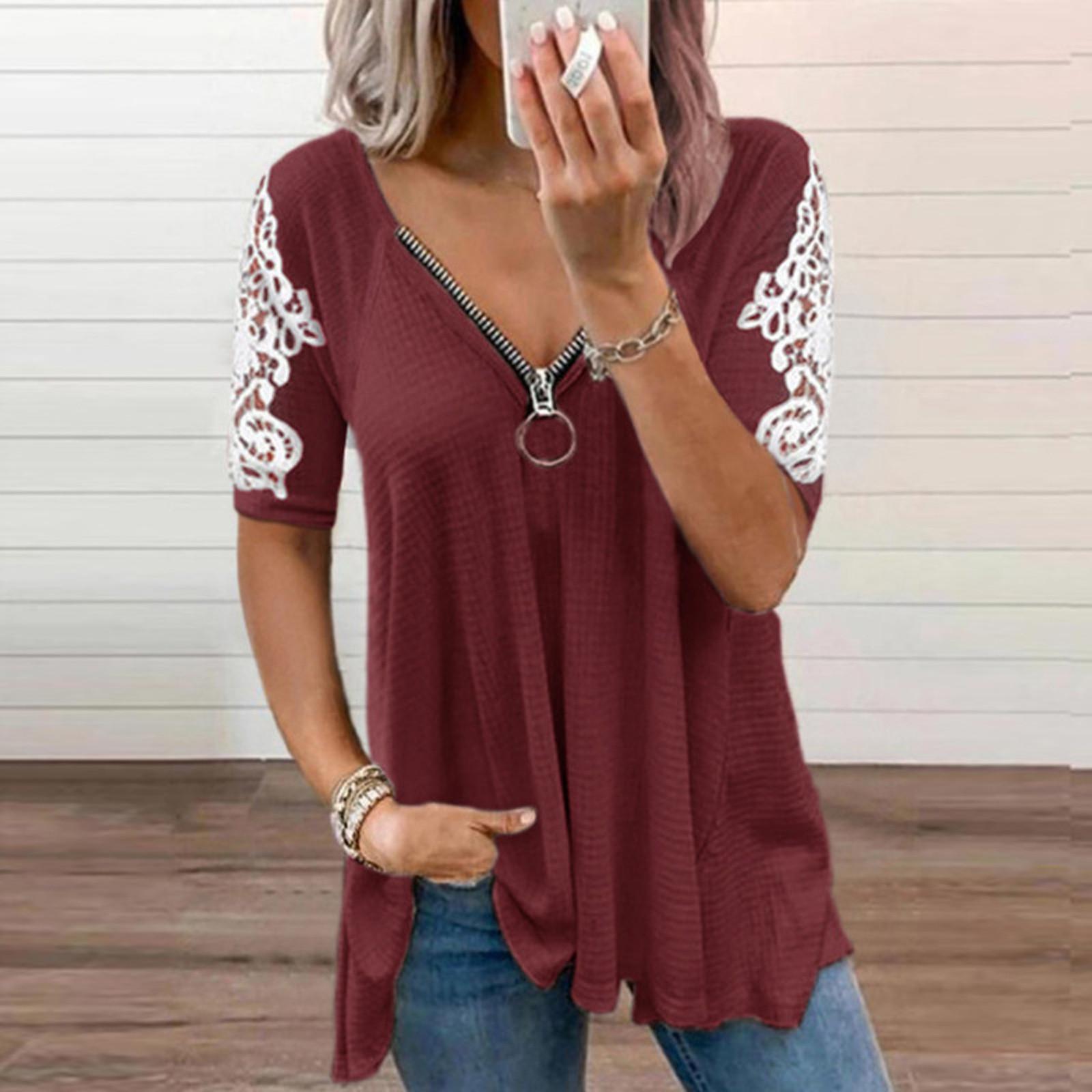 

Женский сексуальный повседневный топ с v-образным вырезом на молнии и однотонным кружевным рукавом M красный