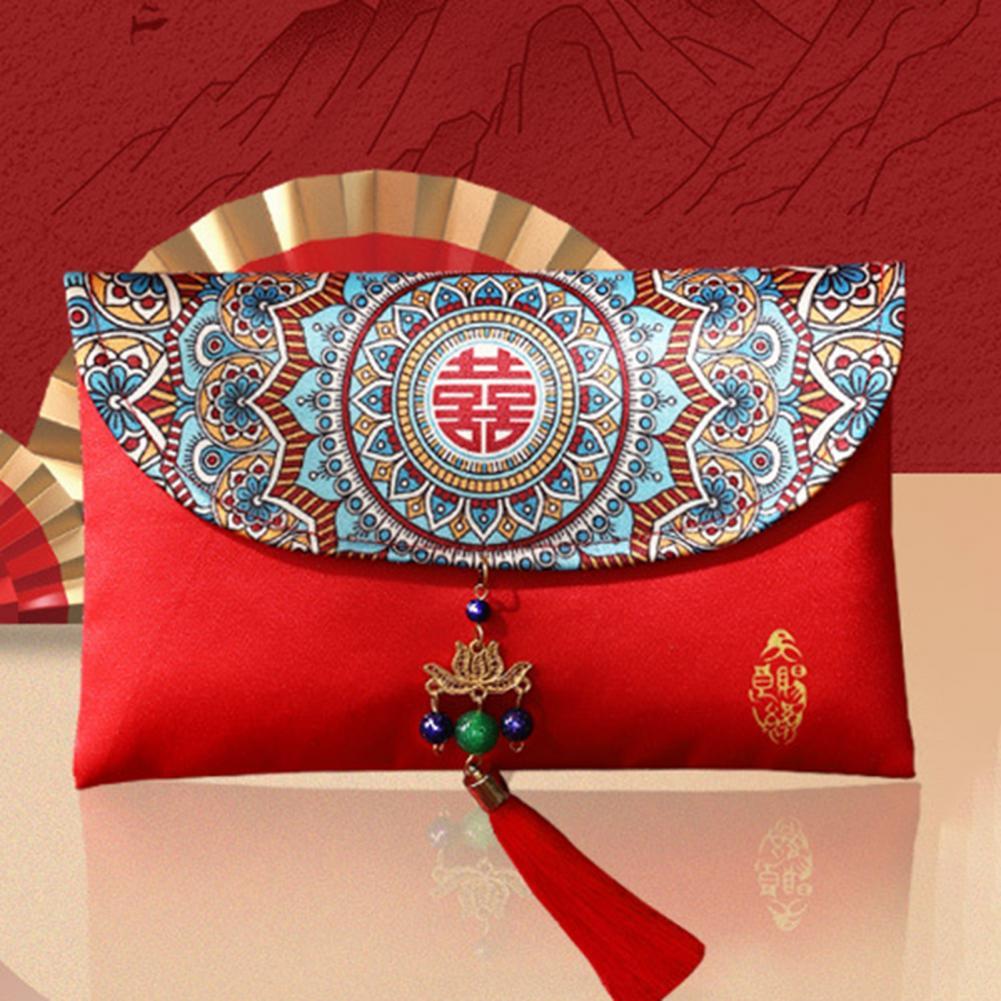 2026 HongBao Traditional Chinese Wedding Invitation Card Bag Faux Silk Festive New Year Red Envelope Lucky Money Bag