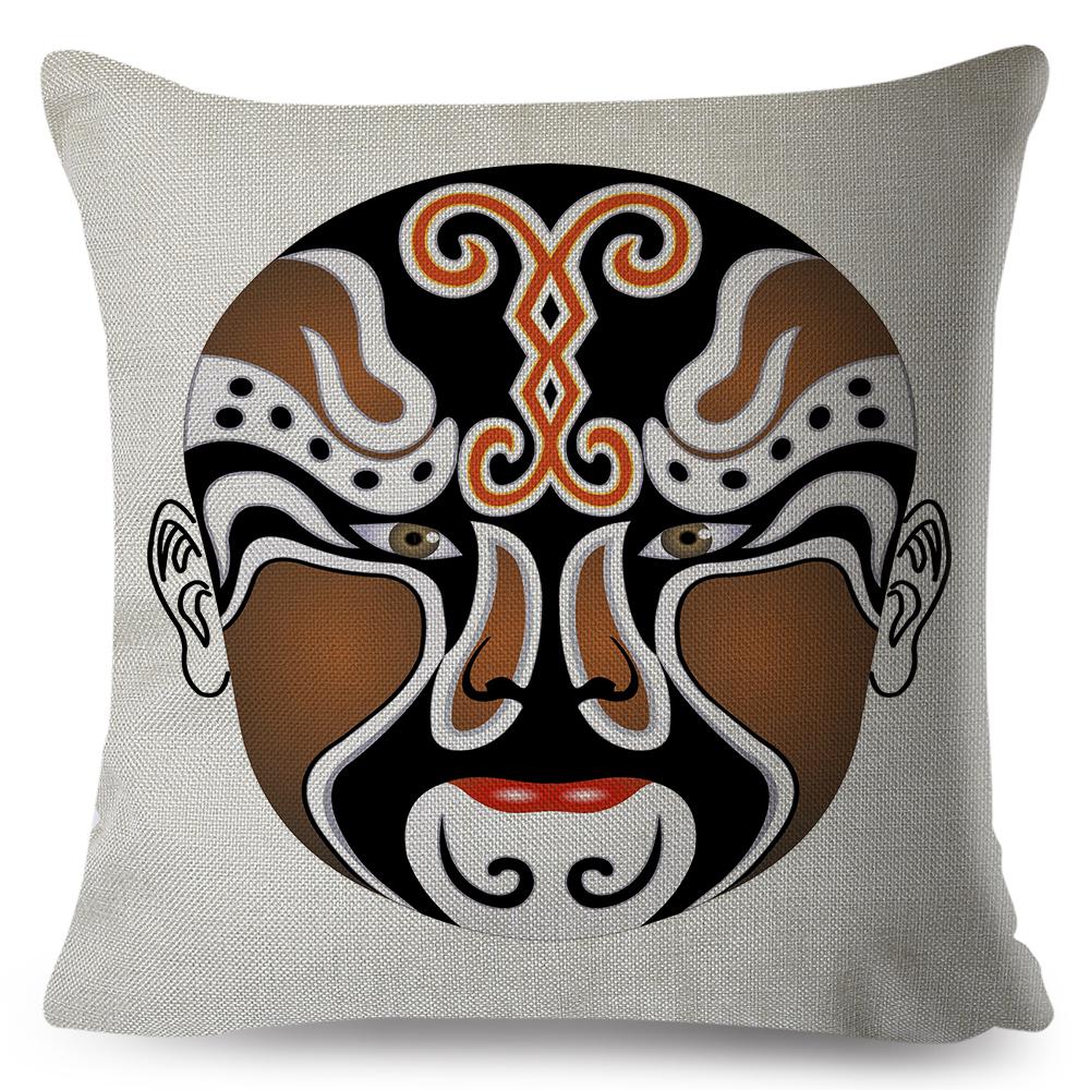 Chinese Opera Mask Pillow Xcm Original Artistic Illustration Vibrant Traditional Colors Woven Fabric Cover