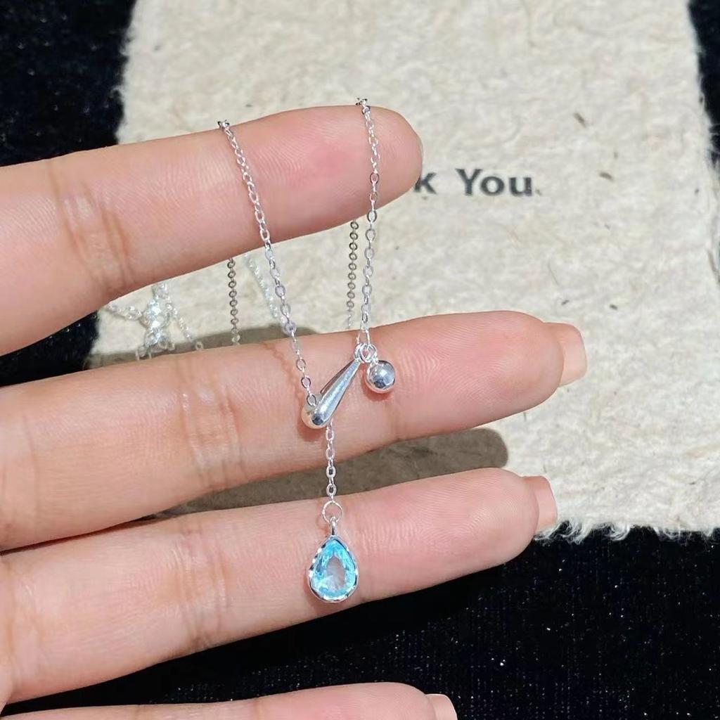 Blue Water Drop Fringed Necklace Women's New Cold Titanium Steel Non-fading Collarbone Chain Jewelry