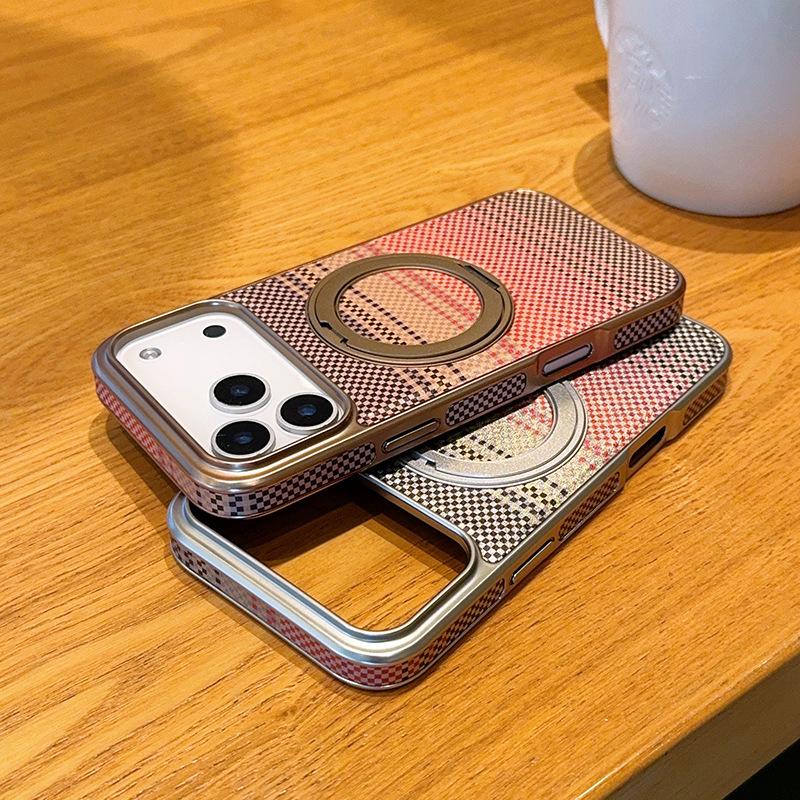 Pu Leather Phone Case for iPhone 17 Pro Max 17Air 16 Pro 15 Plus 14 Colorful Plaid Pattern Magnetic Rotating Bracket Ring Cover