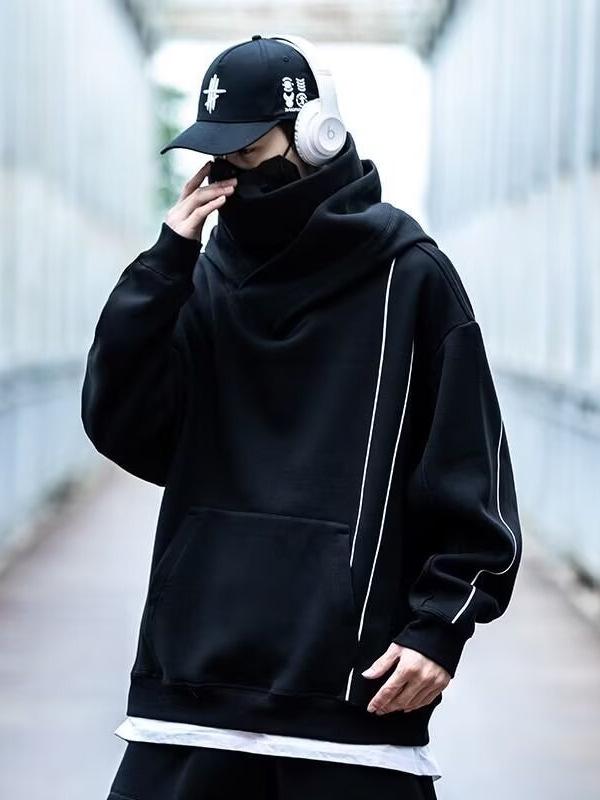 Unisex High-Neck Hooded Sweatshirt: Heavyweight, Functional, Loose-Fit Top for Spring, Autumn, Winter - Trendy, Casual, and High Street Style.