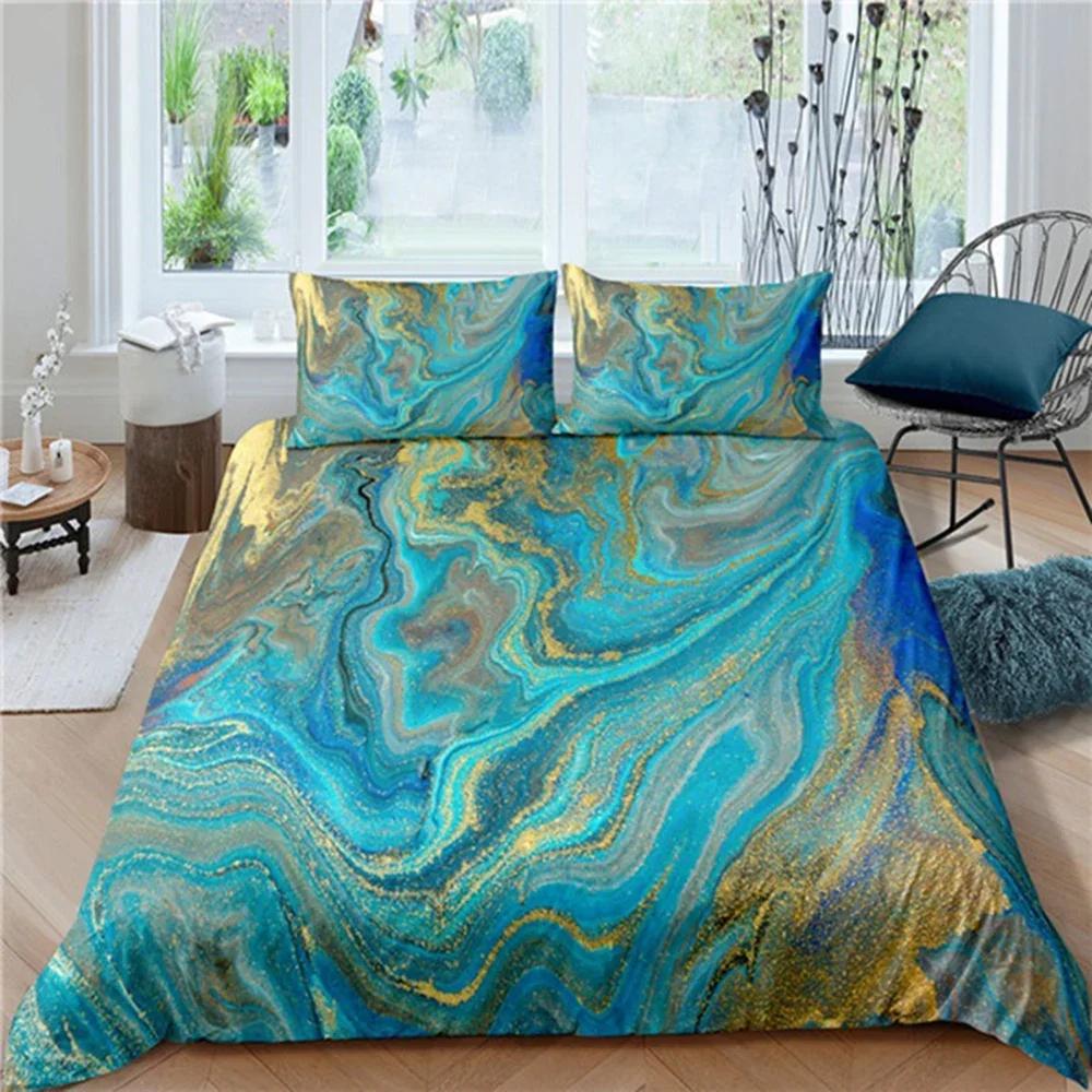 Chic Marble Duvet Cover Microfiber Mint Gold Glitter Turquoise Bedding Set Abstract Aqua Blue Quilt Cover Single Twin Full Size