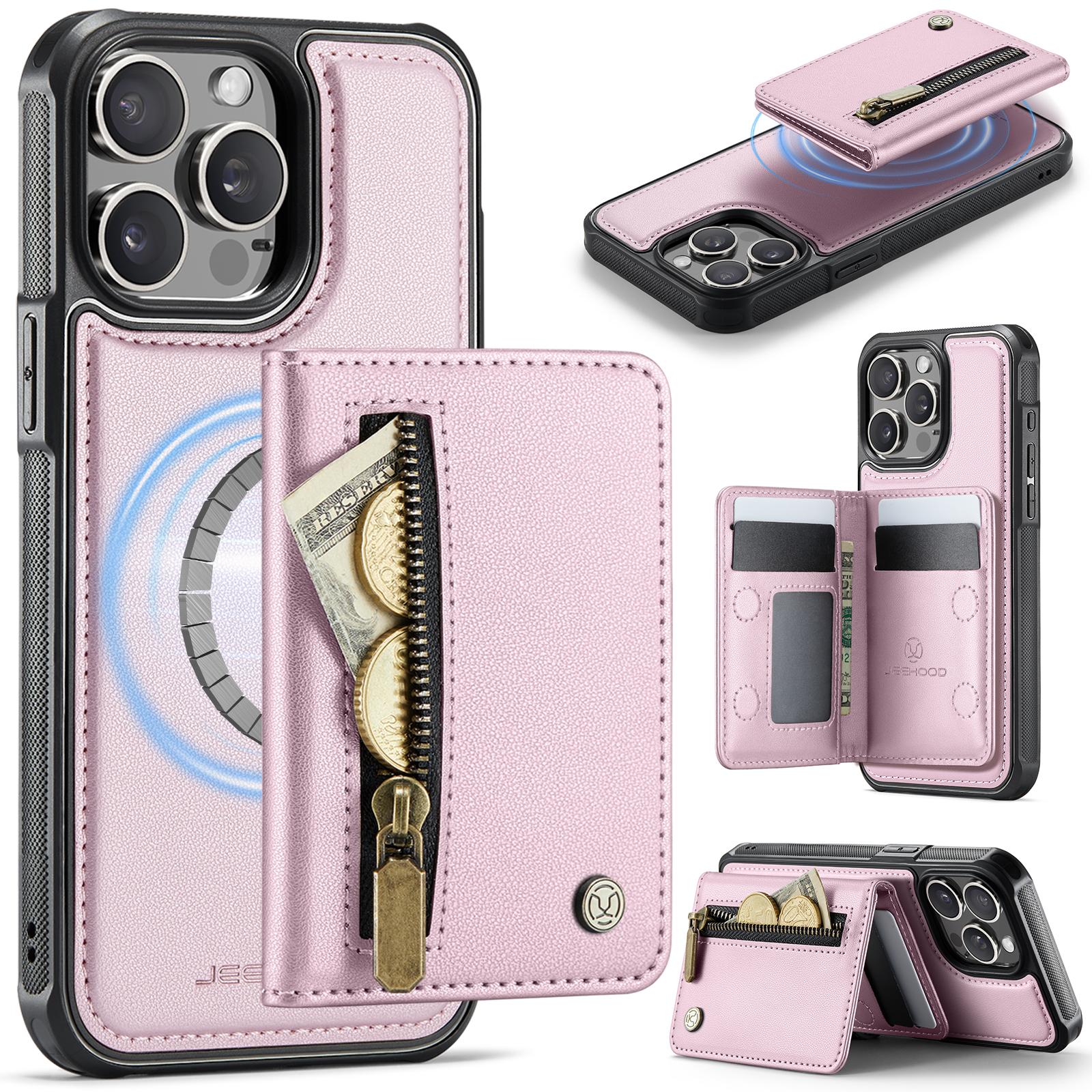 

For iPhone 13 Pro 6.1 inch Case JEEHOOD J12 Magnetic Detachable Zipper Wallet Kickstand Leather Back Cover Compatible with MagSafe