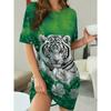 Women's Elegant White & Green Tiger Print Dresses Women's Short Sleeve Round Neck Sleep Dress Y2k Ladies Clothes Female Clothing