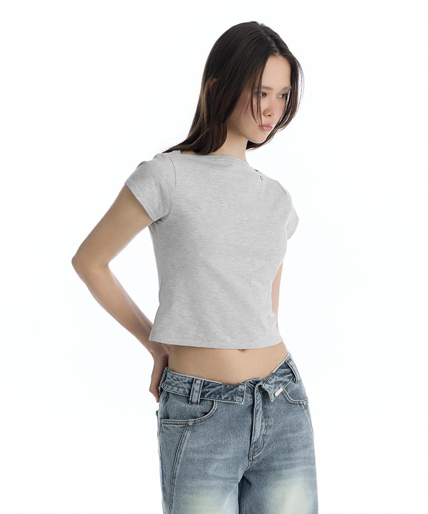 Teulimingbeodeu Boat Neck Slim Baby T-Shirt [ Melange Gray ]