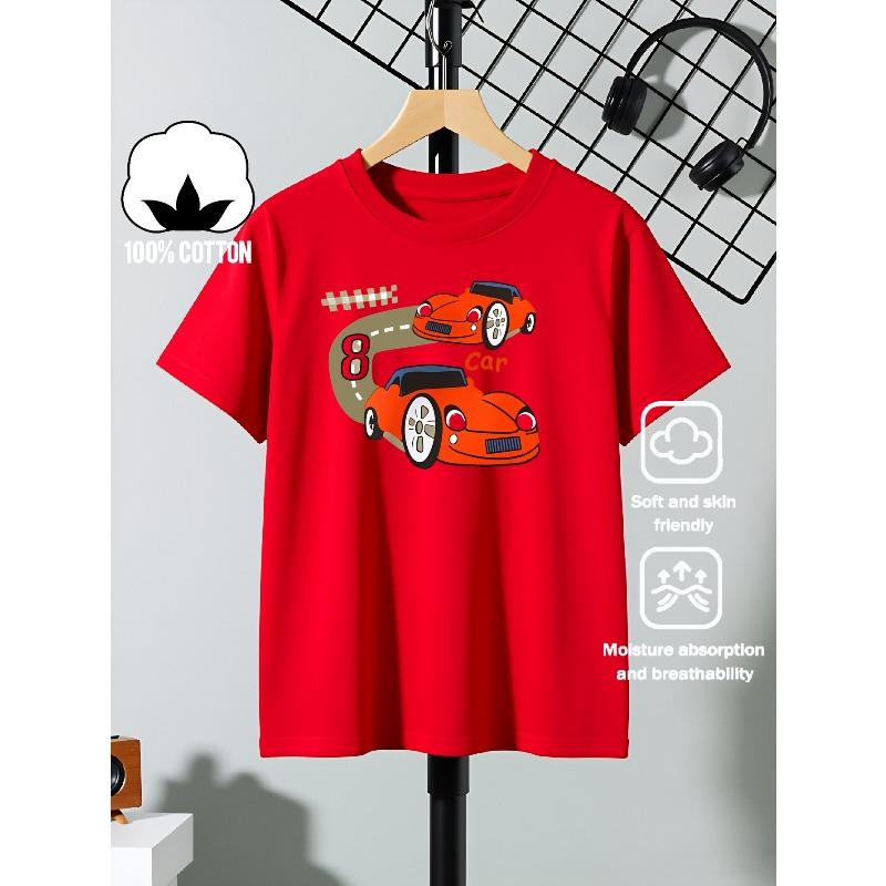 European sizes Boys' Short-sleeve T-shirt,Cotton with Printed Design, Red Racing Car Number Eight Children's Short Sleeves