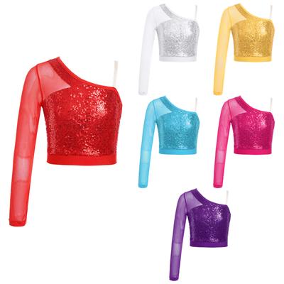 Mädchen Pailletten Tanztop Durchsichtiges Mesh Langarm Ein Schulter Reißverschluss an der Seite Crop Performance Bühnentop