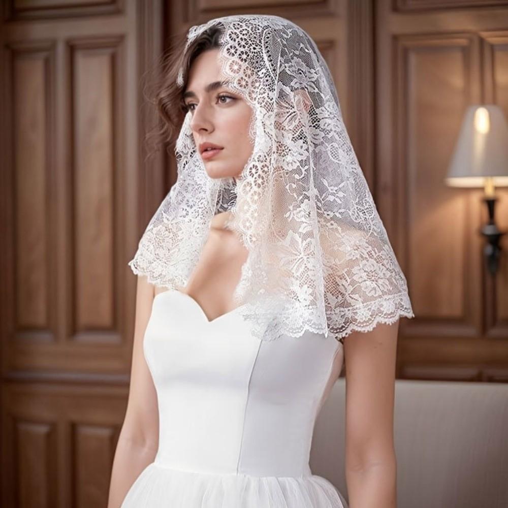 Flower Wedding Lace Shawl Hollow Bride Head Gauze Temperament Veil Prayer Shawl  Church