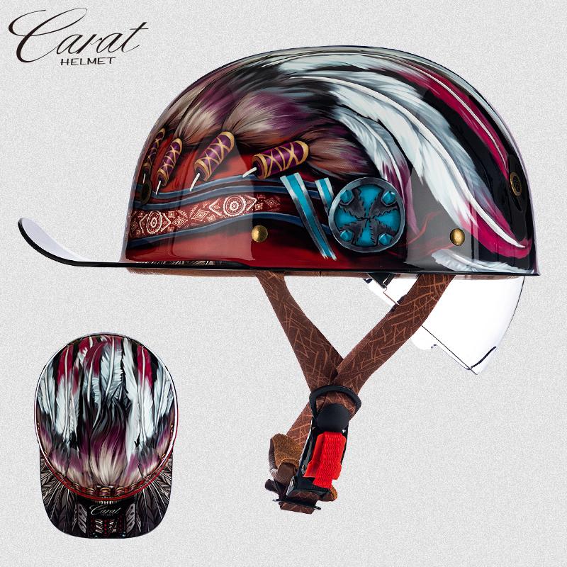 Motorcycle Retro Half Helmet with Blue Built-in Lenses Baseball Helmet For Harley Motorcycle Electric Scooter