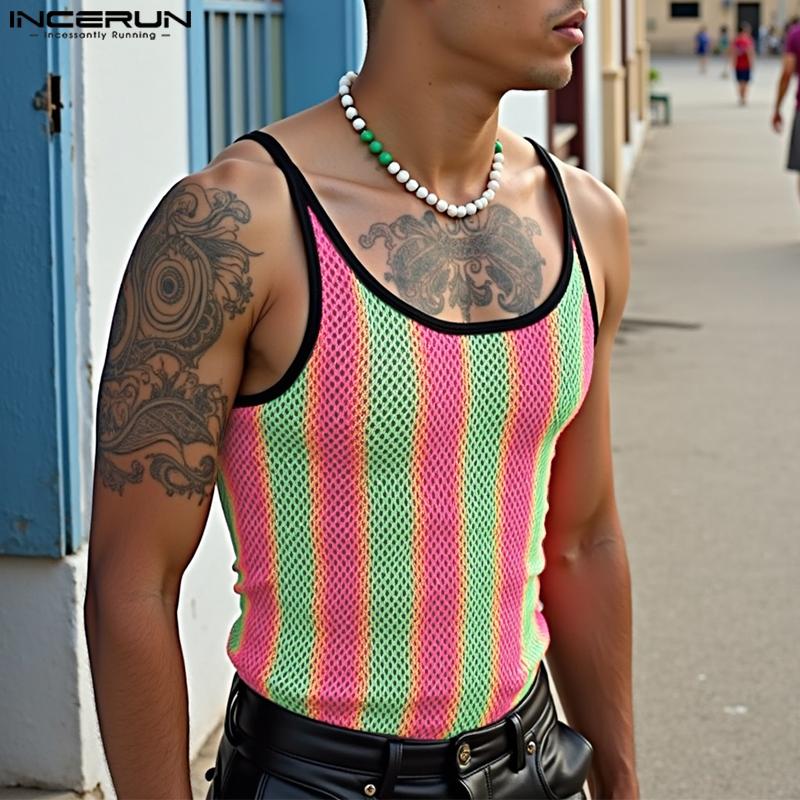 

INCERUN Summer Men U Neck Sleeveless Striped Hollow Stitching Tank Tops S рожевий