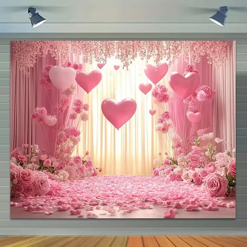 2D Romantic Pink Backdrop Heart Balloon & Floral Party Background Banner