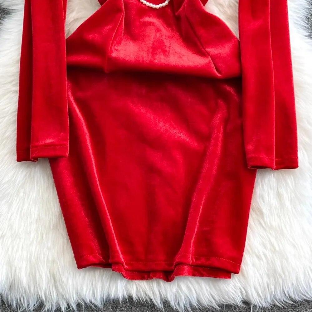 Autumn Winter Luxury Pearls Velvet Wedding Party Dress Women's Stand Collar Sparkling Sequins Beading Zipper Mini Fishtail Dresses