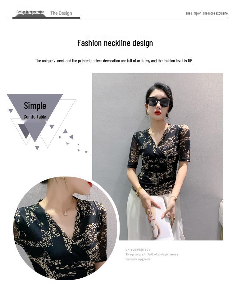 2023 Women's European Slim-Fit V-Neck Mesh Print Mid-Sleeve Pleated T-Shirt