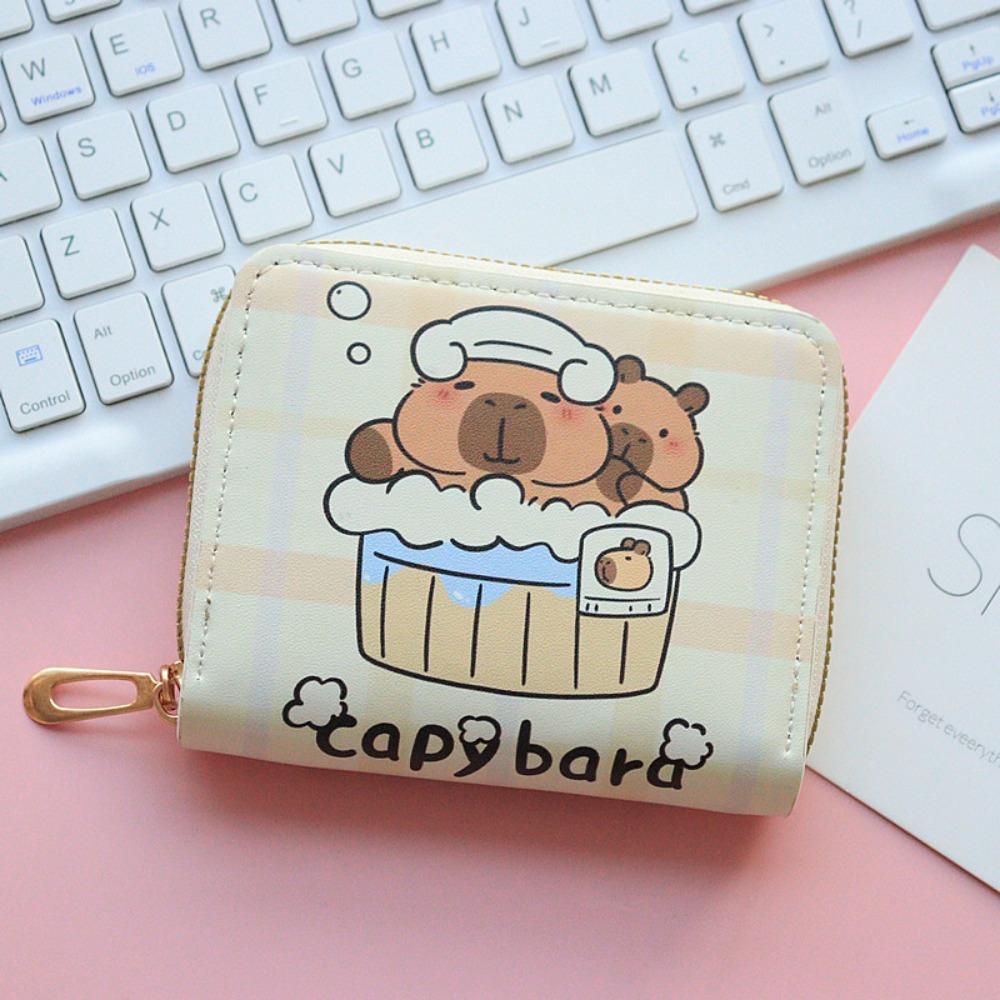 Cute Cartoon Capybara Short Wallet PU Leather Zipper Coin Purse Multi Slot Credit Card Holder Waterproof Storage Bag Key Bag