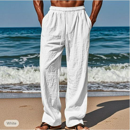 

2025 Hawaiian Summer Men s Casual Long Pants, Solid Color, Elastic Waist, with Pockets, Breathable and Comfortable. XXL білий