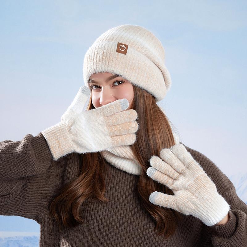 Hat Scarf Gloves Three-Piece Set Winter Outdoor Windproof Cold Warm Knitted Hat Women's Ear Guard Head Wool Hat