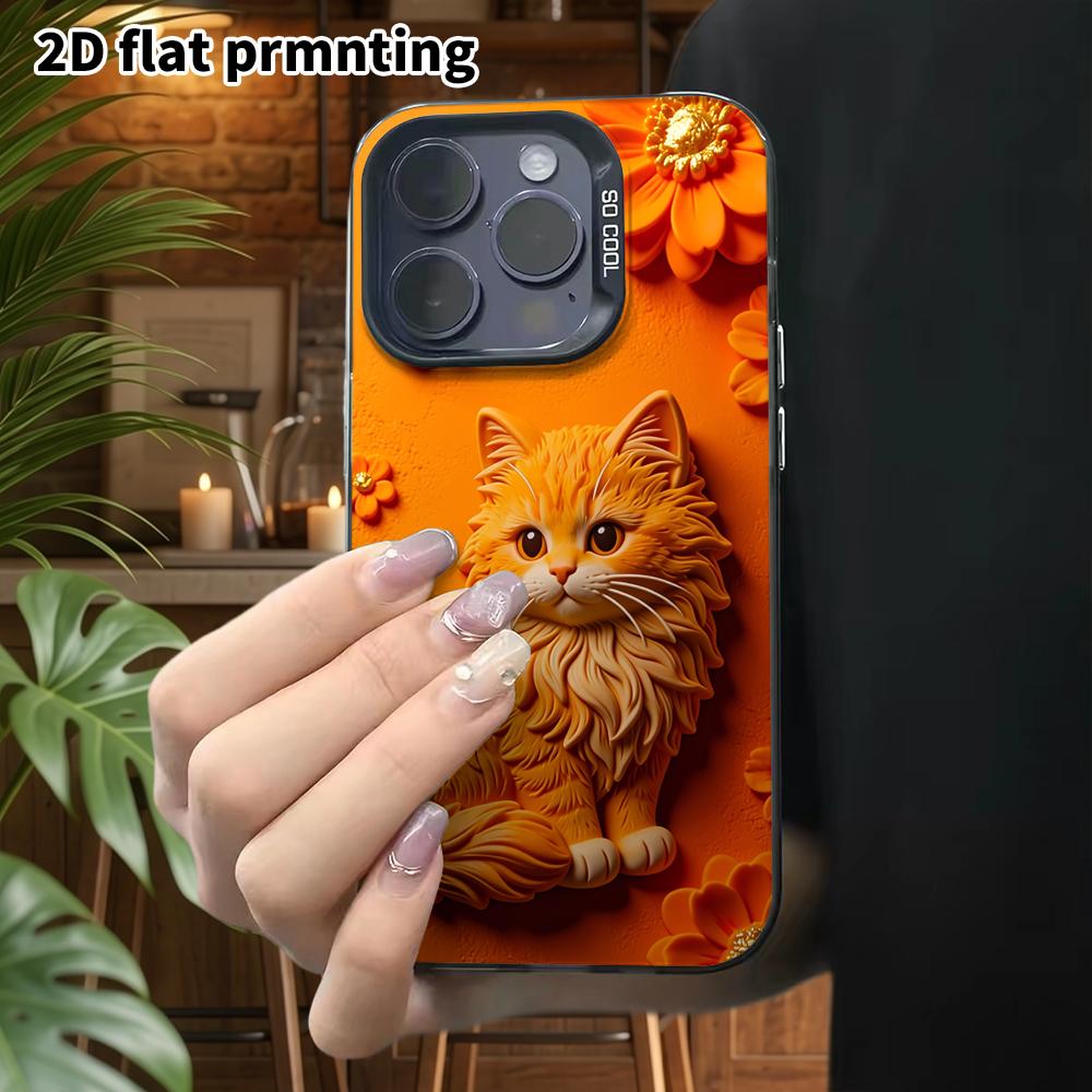 Phone Case: 2D Flat Design, Suitable for iPhone 18 17 16 15 14 13Pro In Rainbow Silver, Couple Style, Embossed Orange Cat, Christmas and Halloween Gif