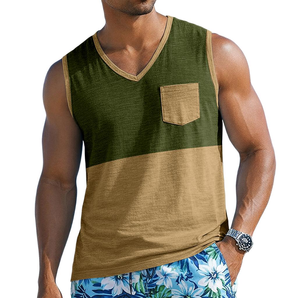 Men Sleeveless Casual Tank Top with Wide Shoulder Straps Chest Pocket and Panel Design for Everyday Wear