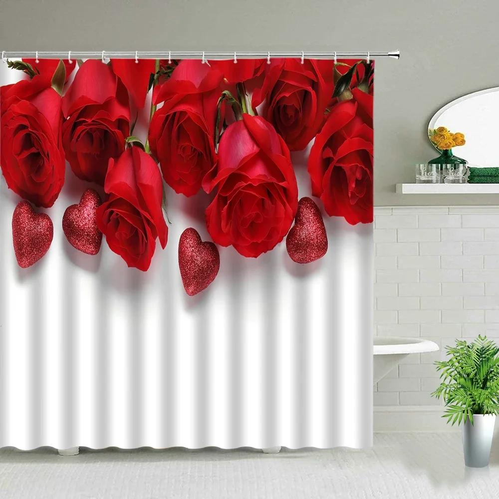 Romantic Rose Shower Curtain Set - Vibrant Red & Purple Floral Designs for Elegant Bathroom Décor, Waterproof & Easy Care