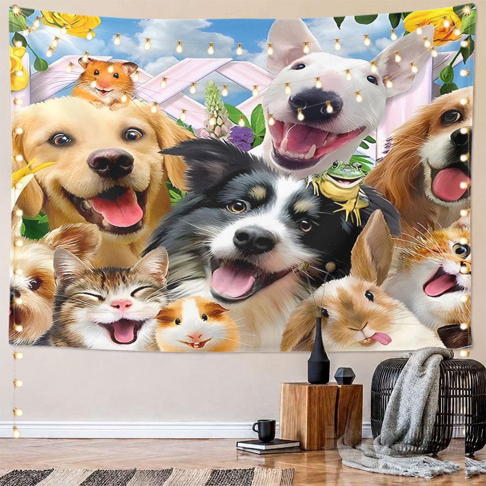 "Happy Animals Group with Flowers" Pattern Wall Hanging Tapestry Decorative Tapestry Home Decor for Bedroom and Living Room