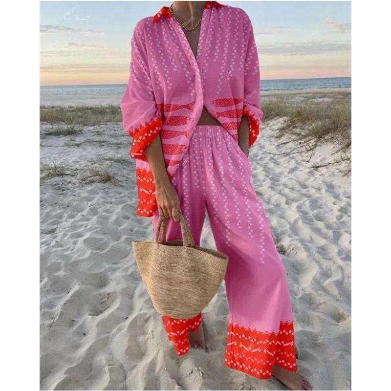 

Holiday Style Seaside Tropical Print Women Set Shirts Summer Printed Women s Suit Shirt Pink S