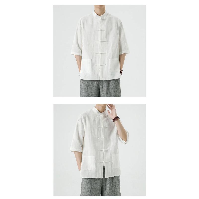 Chinese Style Mens Linen Summer Shirt Retro Stand Collar Half Sleeve Chinese Kong Fu Suit Men Hanfu